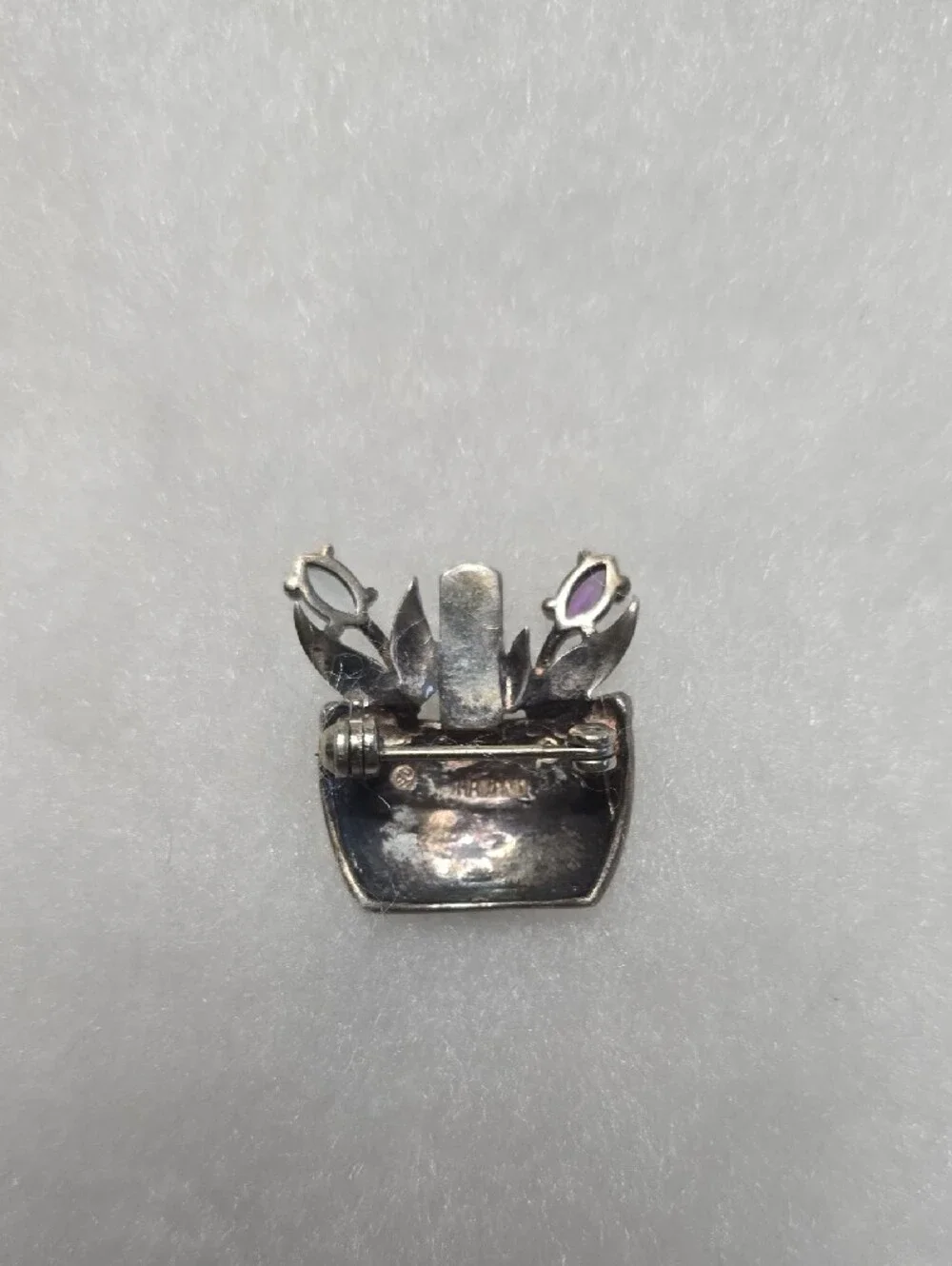 925 Sterling Silver Vintage Real Blue Topaz Amethyst Marcasite Flower Pot Brooch